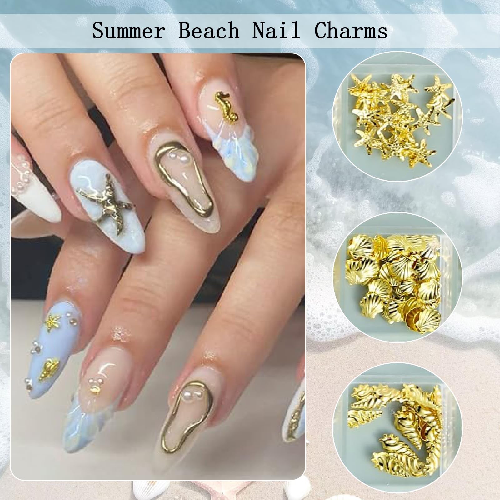 Ocean Nail Art Charms 3D Metal Beach Nail Charms and Gems Gold Shell Seahorse…