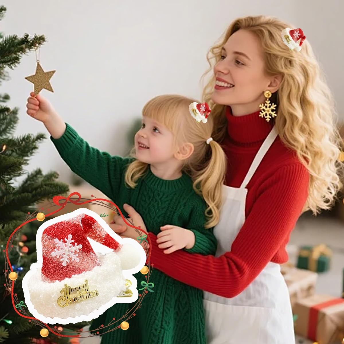 2Pcs Christmas Hair Clips Mini Hat 1 Count (Pack of 2), Red