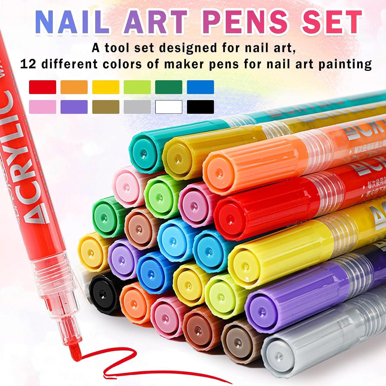 12 Colors Nail Art Pens Set, Nail Polish Markers Pens Quick Dry | 3D Acrylic Pai