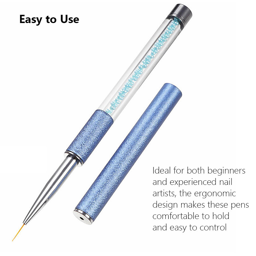 3Pcs Nail Art Liner Brush, Pearly Blue Beaded Pen for Drawing Lines, Flowers
