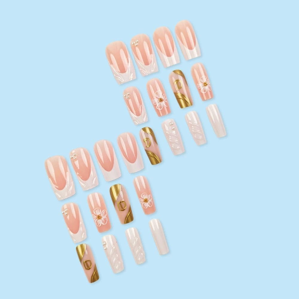 QQPPOLIU Square Press on Nails Long Pink Glue General,24, Various colors