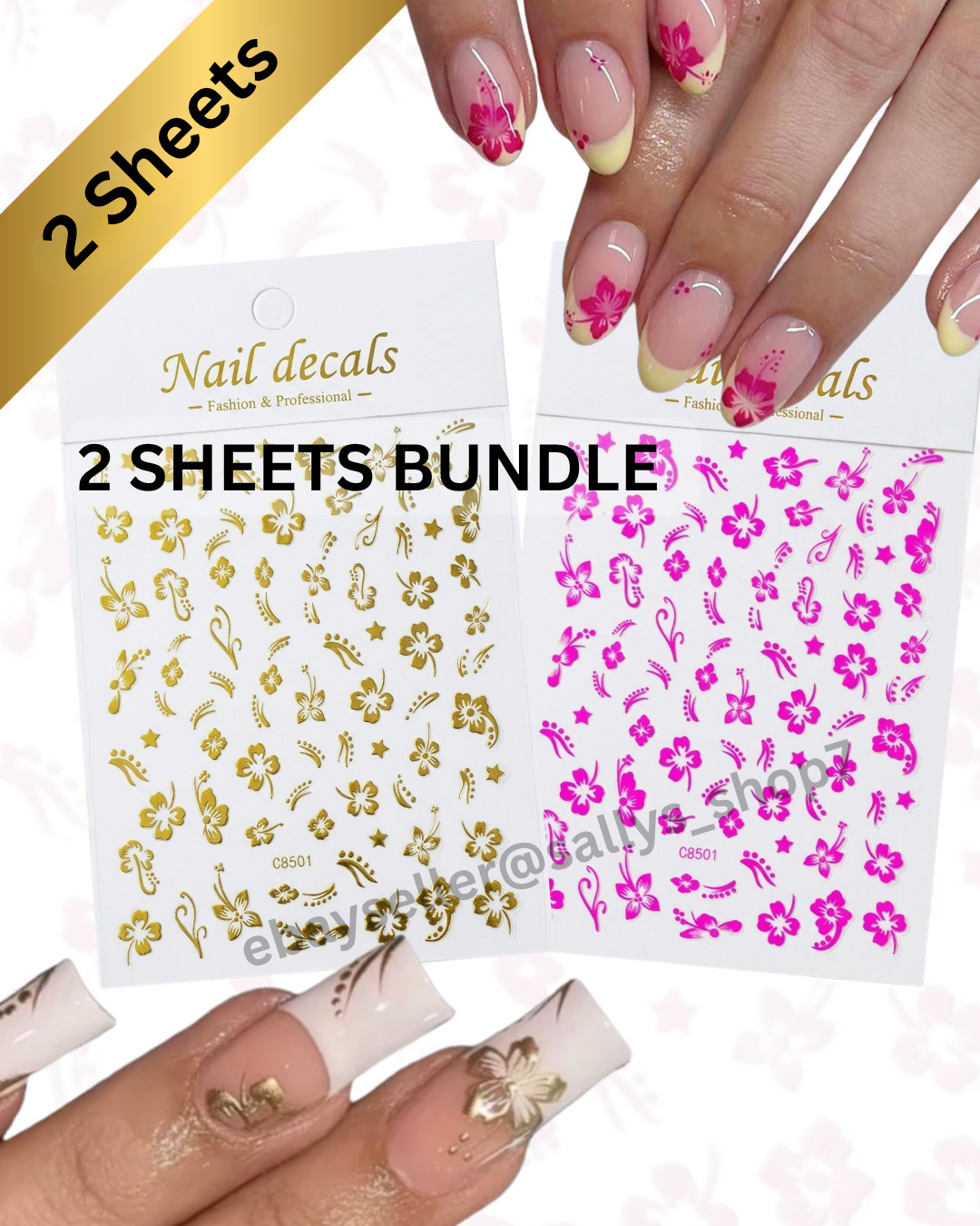Hibiscus Nail Art Decals Tropical Flower Summer DIY Manicure Sticker Pink Gold