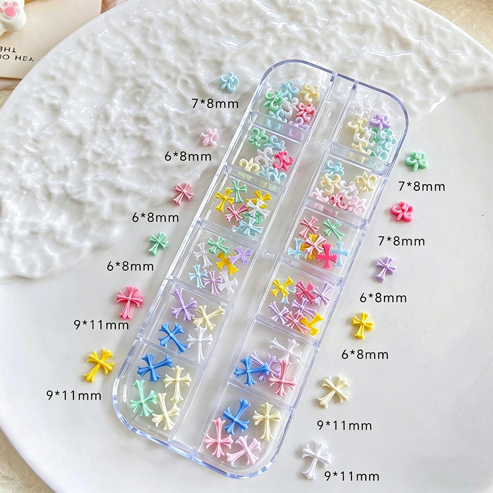 12-Grid Mixed Color Resin Cross Nail Art Sweet Dopamine Style for Press On Nails