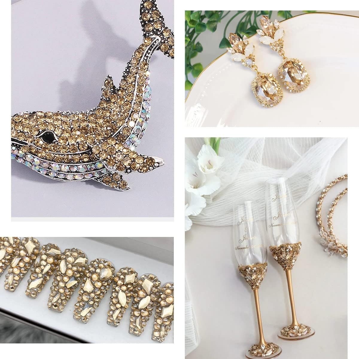 2052Pcs Golden Rhinestones for Nails 72pcs Multi Shapes Crystals