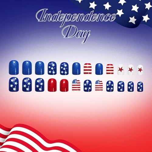 4th of July Press on Nails – Short Square Star Stripe Glitter Nails – A31