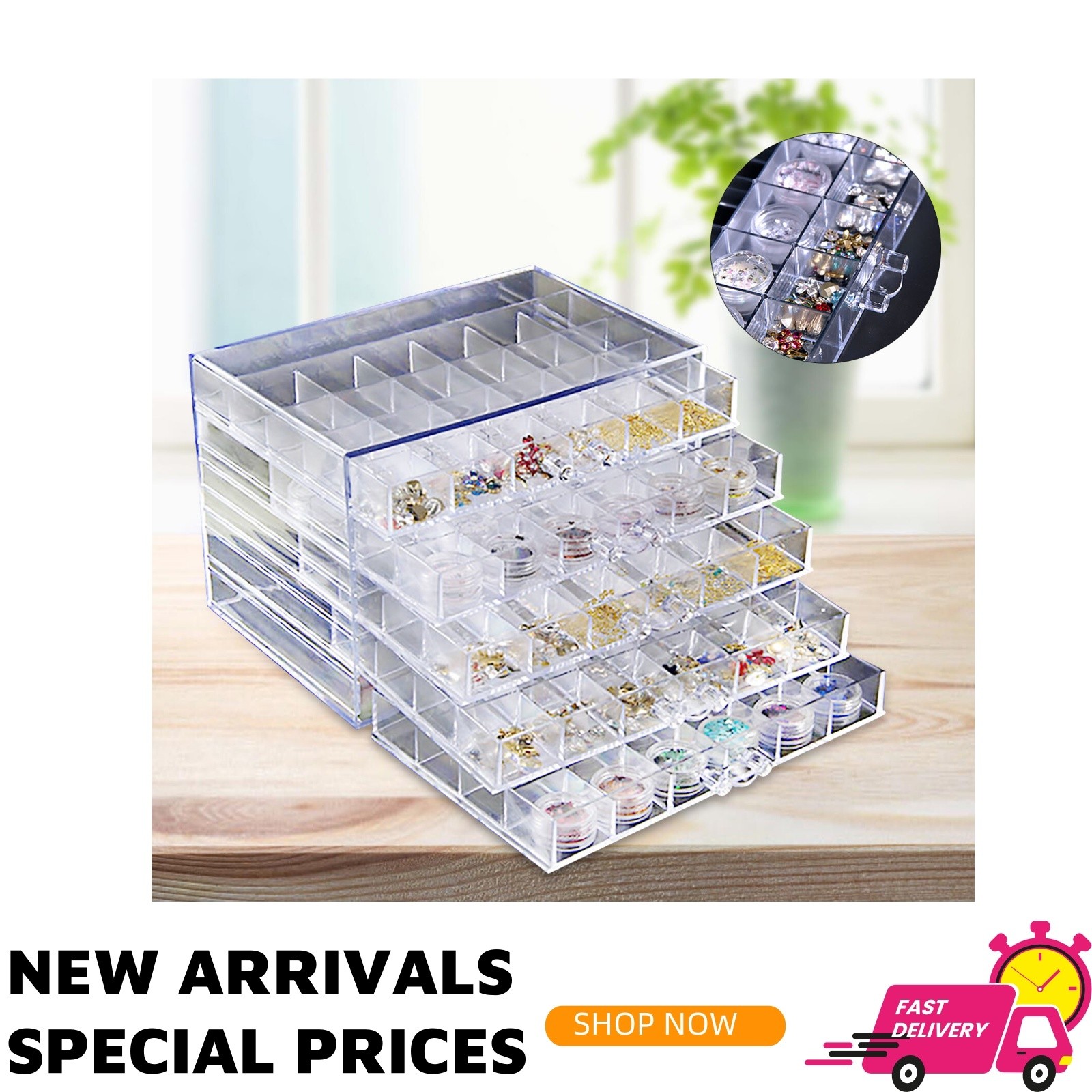 120 Grids Nail Art Rhinestone Gems Bead Acrylic Storage Display Tray Box Clear