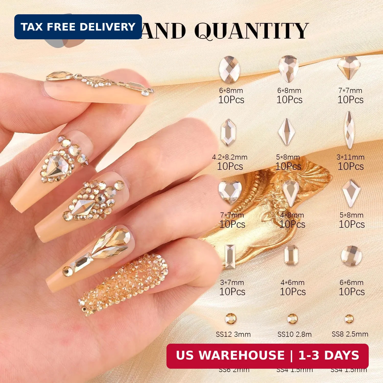 3100Pcs Champagne Gold Nail Rhinestones Kit, 1.5-3mm Mini Nail Gems + Multi Shap