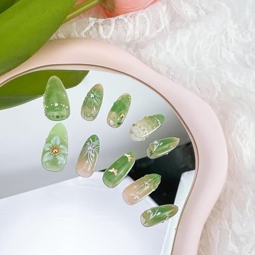 30pcs Green Press on Nails Medium Almond Fake Nails With 3D Flower Handmade-1