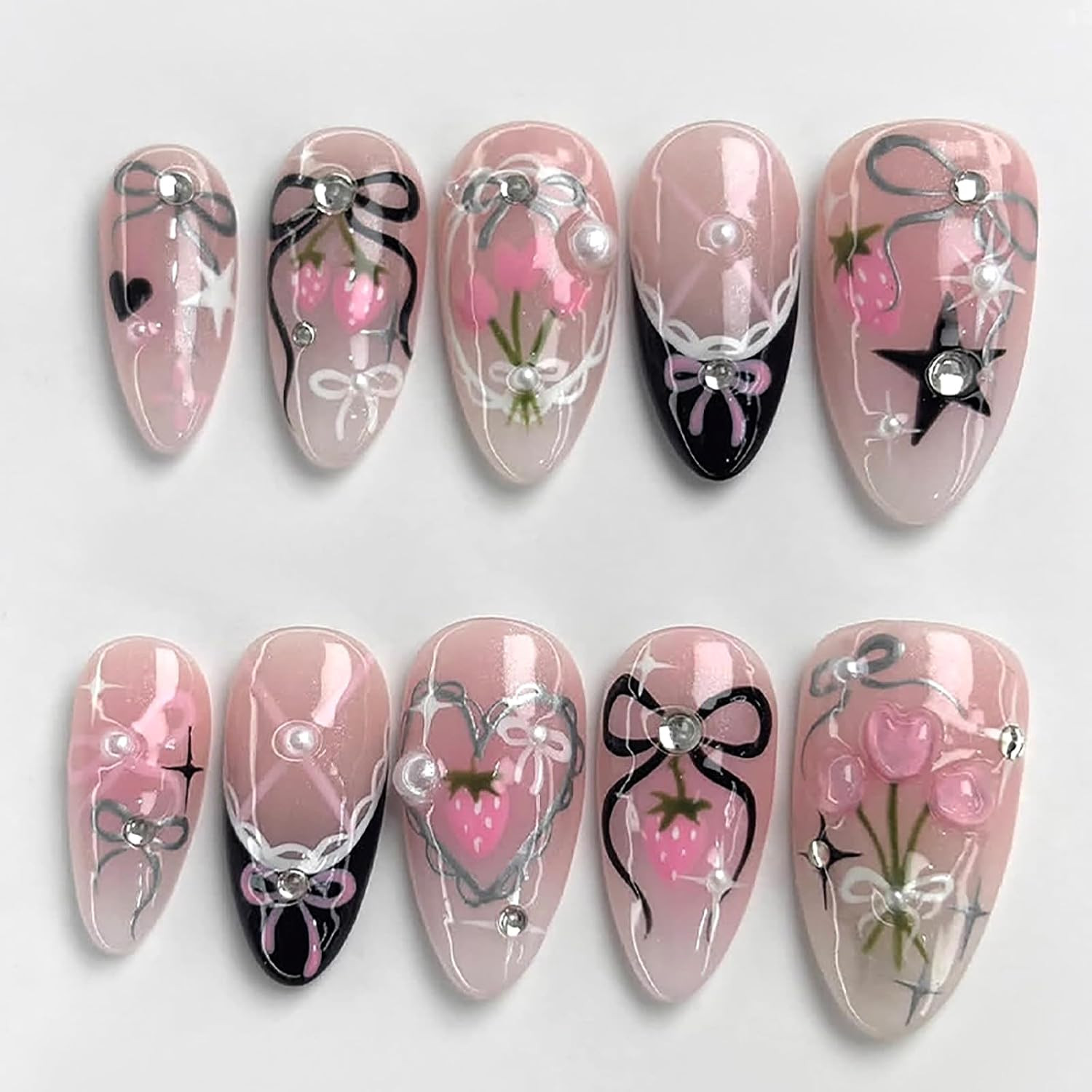 30Pcs Pink Flower Press on Nails Handmade Almond Fake Nails with 3D Flower Gildi