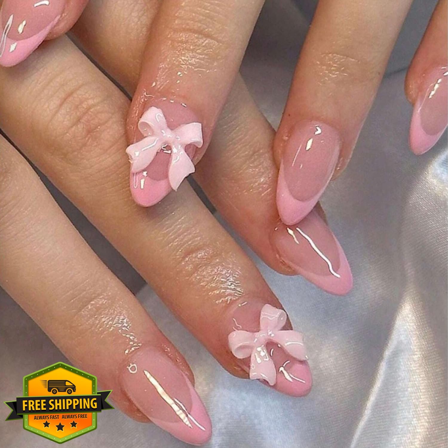 OSTTMA 24Pcs Pink French Tip Press on Nails Bow Medium