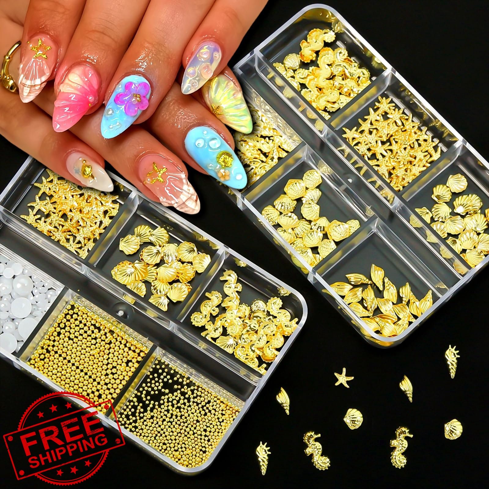 SHUXILIN Nail Gems, Metal Shell Starfish Charms, Marine Theme