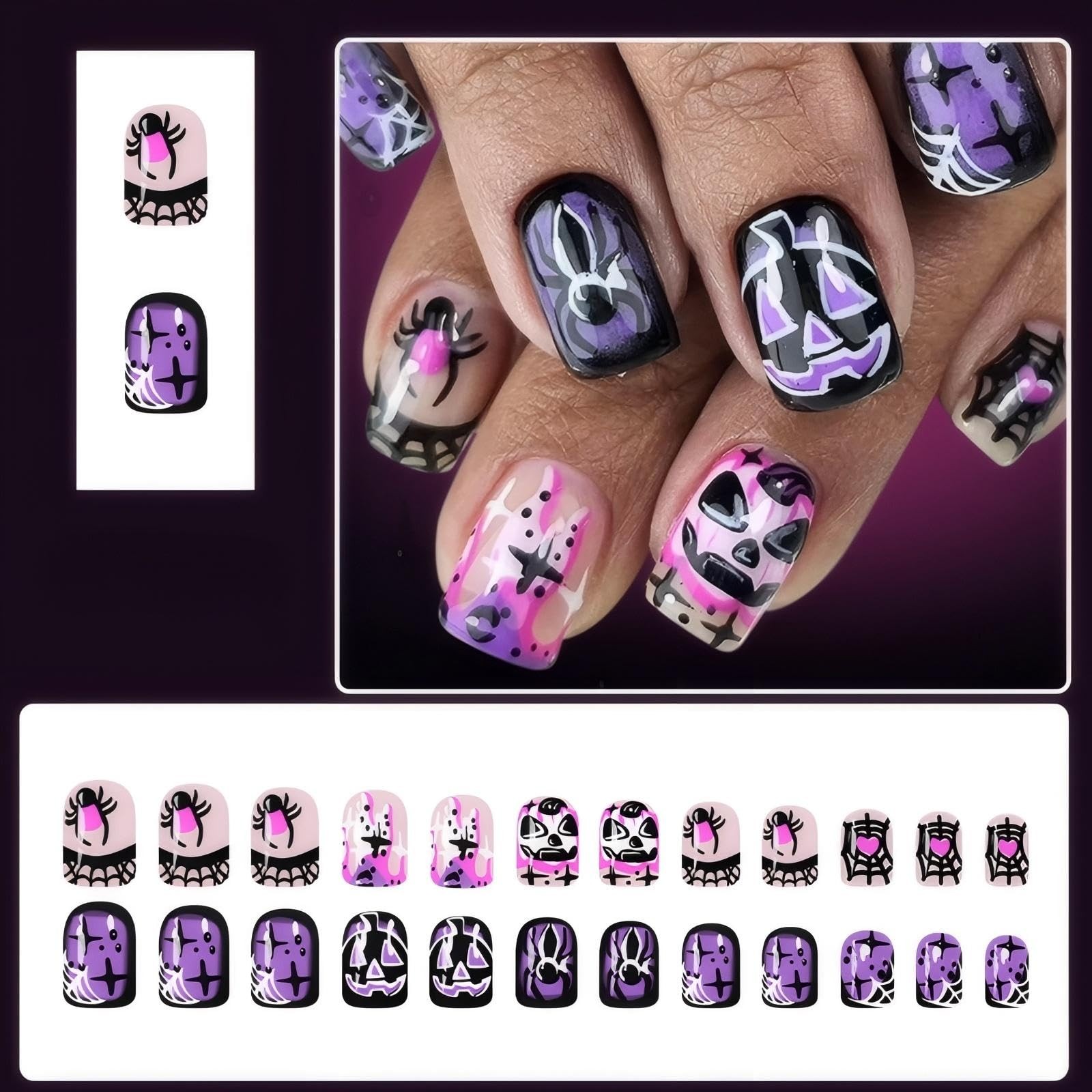 Short Square Press on Nails Halloween Fake Nails Spider French Tip Design Fal…