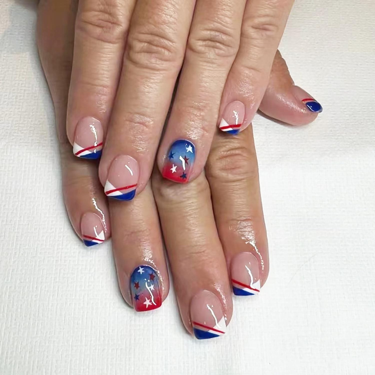 4th of July Press on Nails French Tip Independence Day False Nails Short Squa…