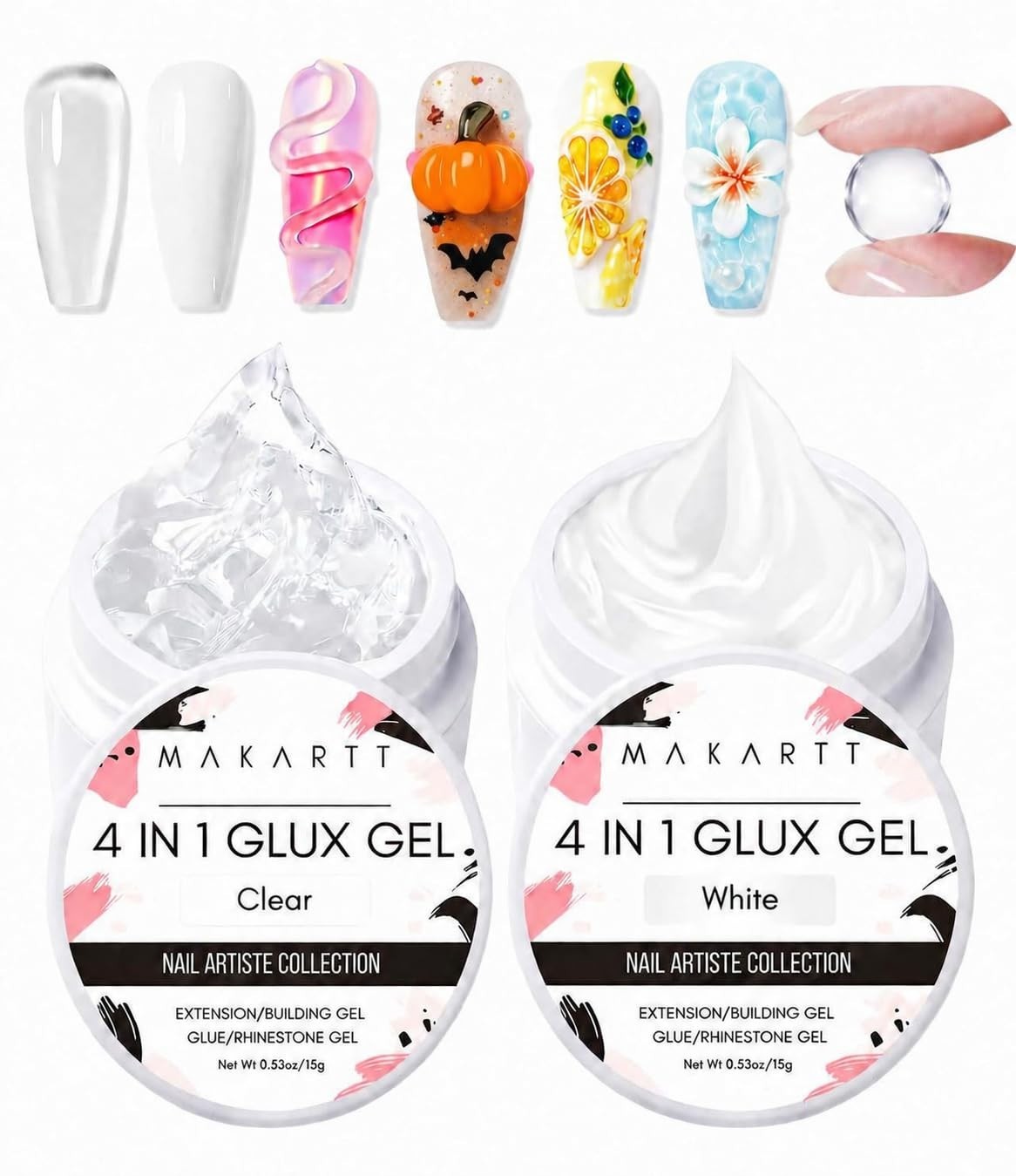 4-in-1 Clear & White 3D Gel Nail Art – Non-Sticky Sculpting & Extension Gel, DIY