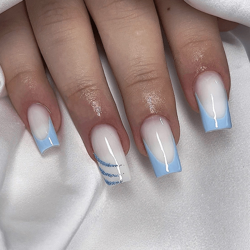 48P Short Square Press on Nails,Milky White Light Blue French Glitter Fake Nails