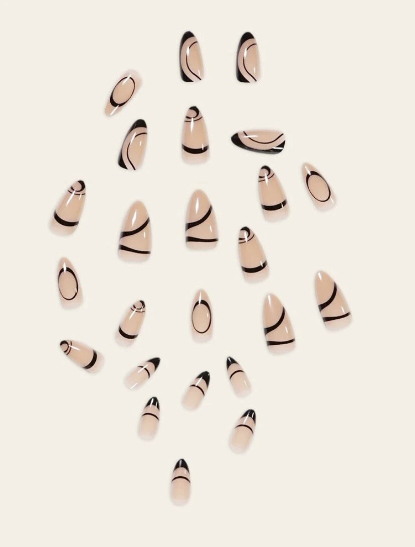 Beige Cream Black Press On Nails Fake Nude Nail False Glue Kit Set 24 Short
