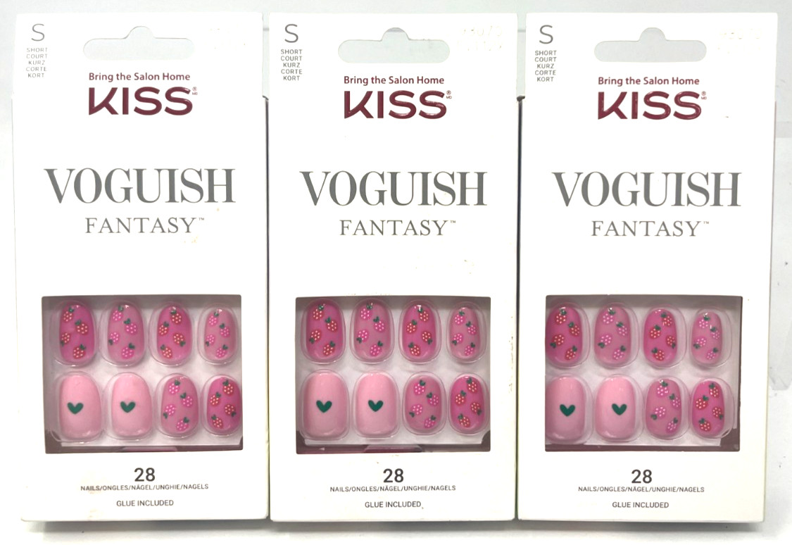 (3) Kiss Voguish Fantasy Nails New In Packaging Short 93070 FV112X Strawberry