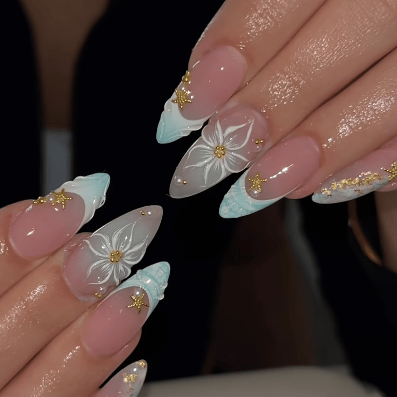 48pcs Stiletto Press on Nails, Light Blue French 3D Flower Gold Starfish Nails