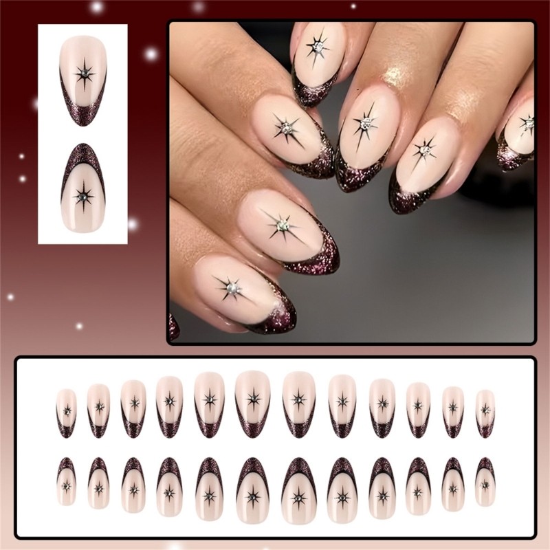 24 Pieces Short Length Almond Press On Nail Glitters Star Designs French Tip