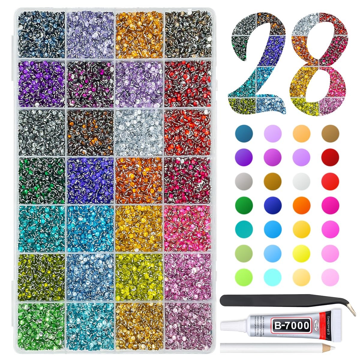 28 Color 3mm Crystal Resin Rhinestones w B7000 Glue for Bedazzling Crafting S…