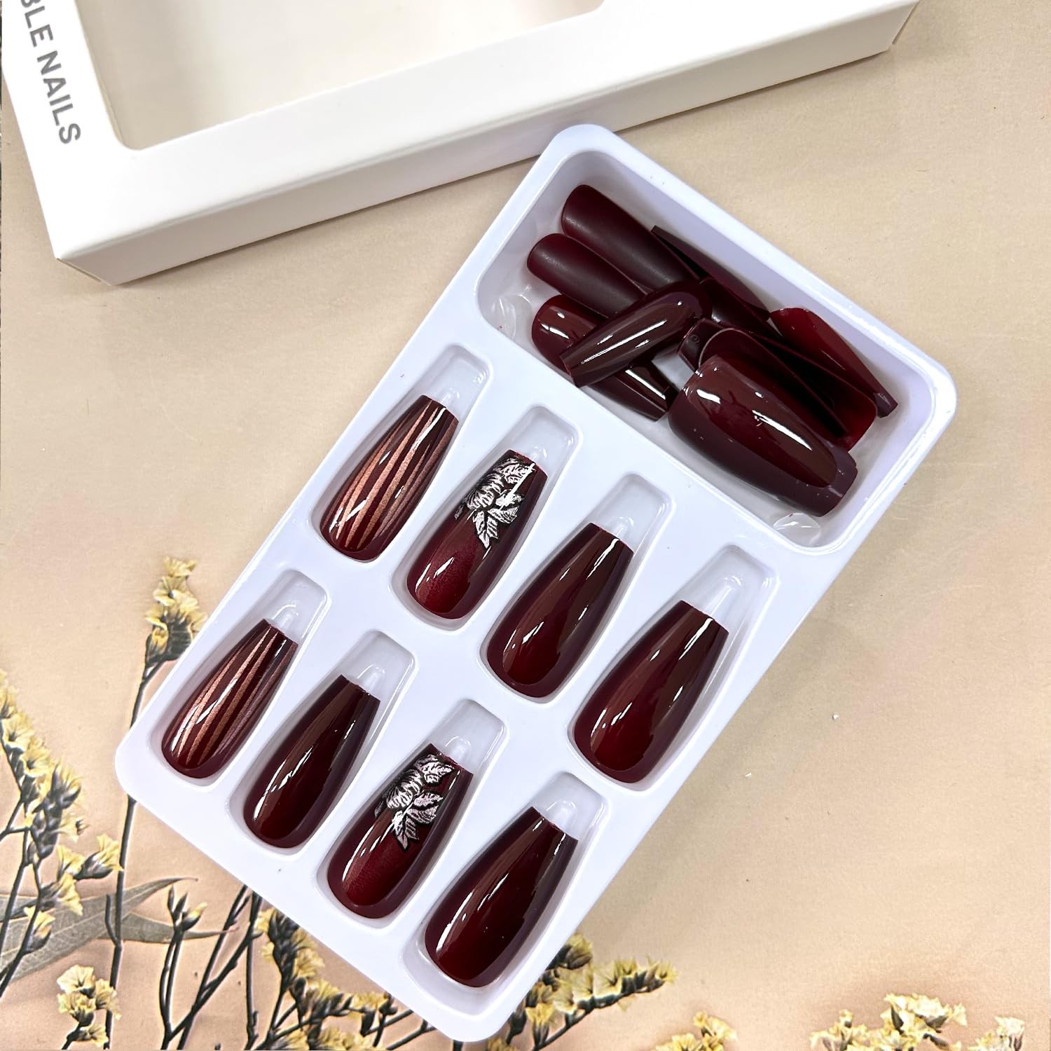 Wine Red Press on Nails Medium Length Flower 1 Fl Oz (Pack of 1), Multi