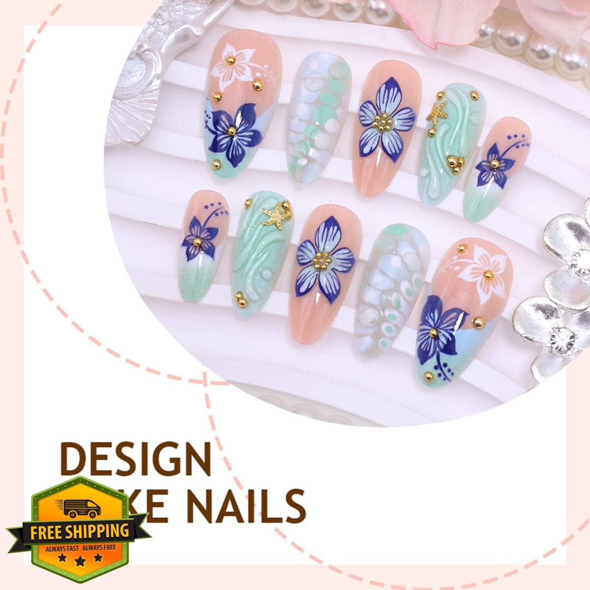 OSTTMA flower nails-13 blue almond press on nails