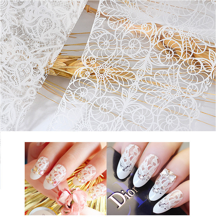 10Pcs Black White Flower Lace Foils Nail Art Transfer Stickers Decals Tips NH8