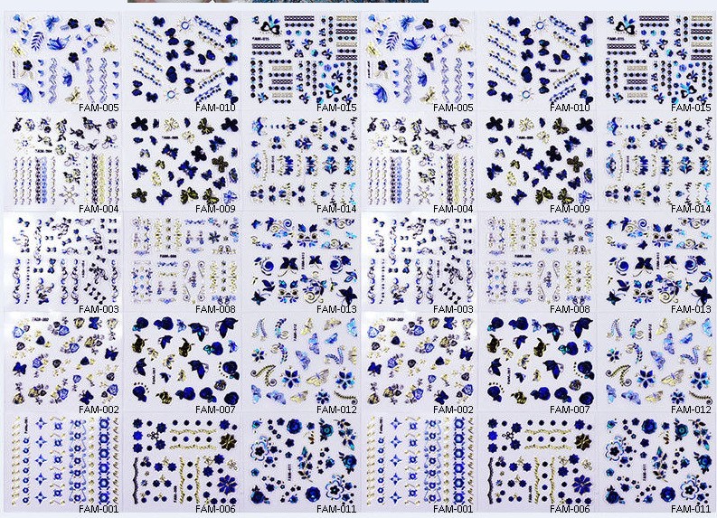3 Sheets (random) 3D Nail Sticker Blue Gold Silver Butterfly Flower Lace Decals