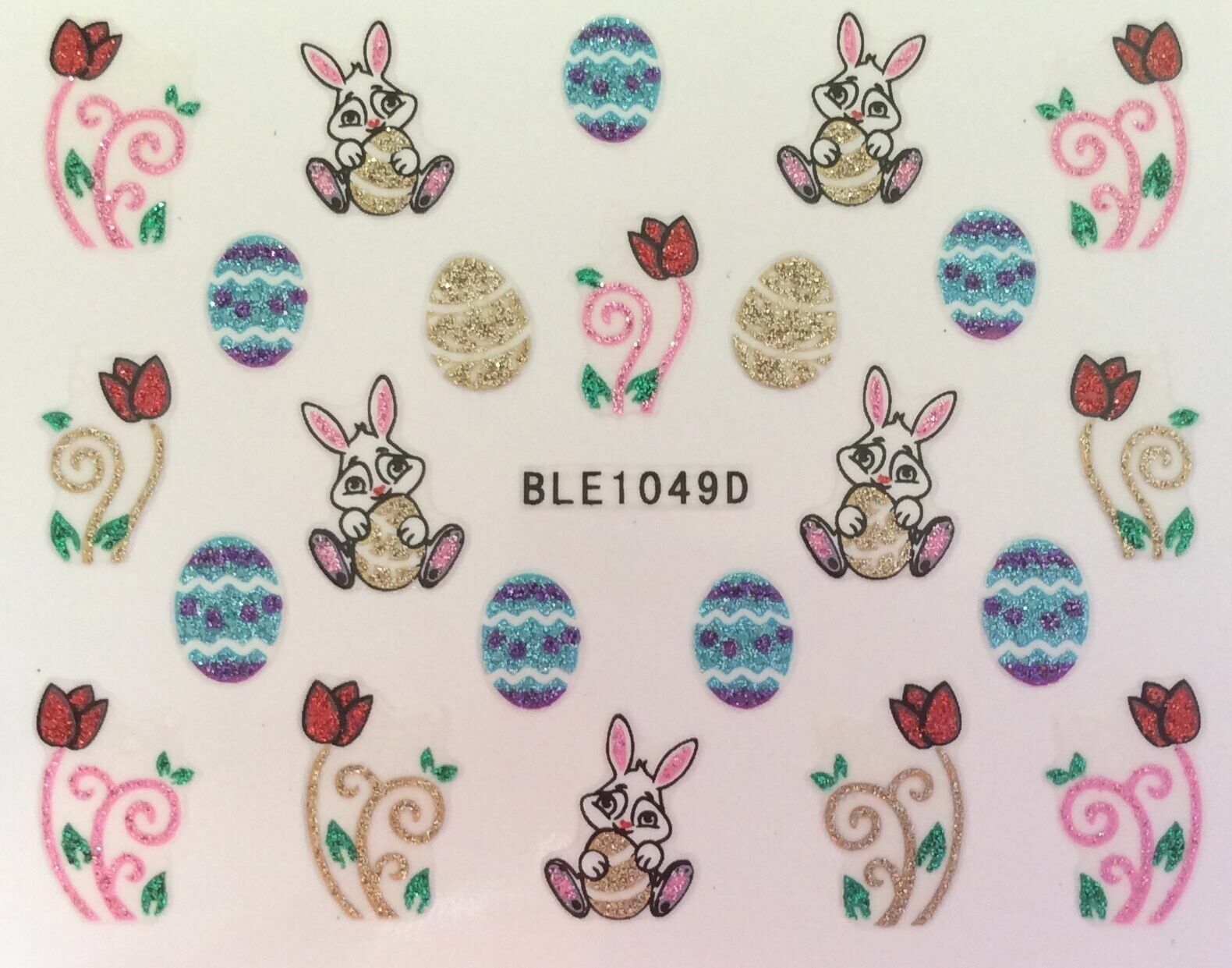 Nail Art 3D Stickers Glitter Decals Easter Bunny Easter Eggs Flowers BLE1049D