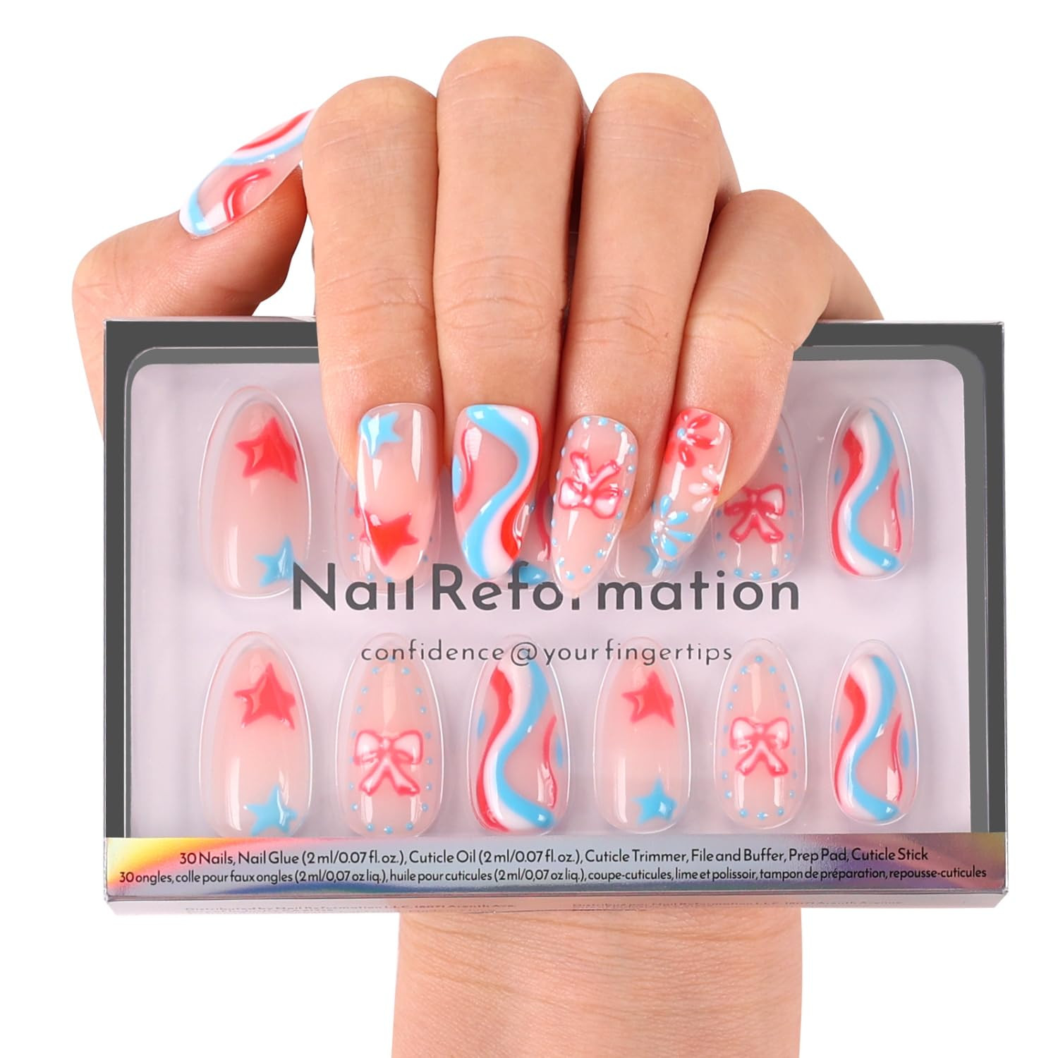 Press on Nails, Red White & Blue Swirl Medium Almond Fake Nails with 3D Stars &