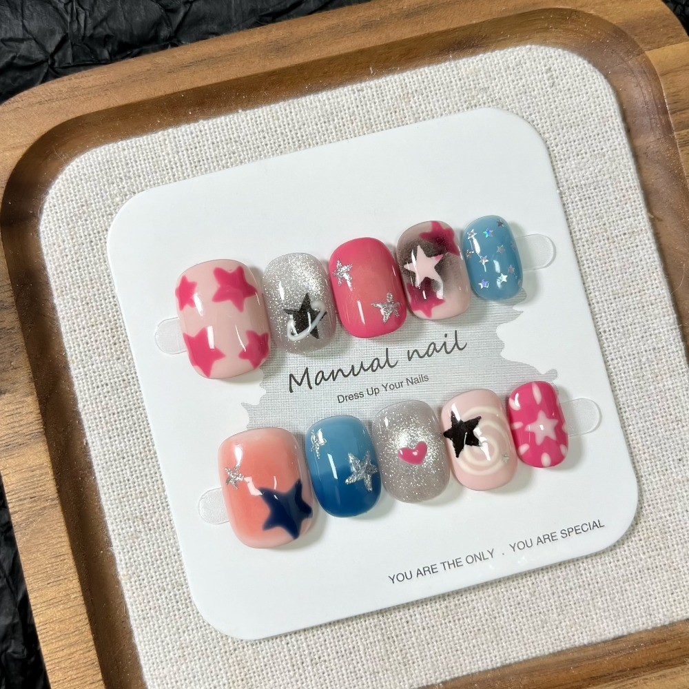 10Pcs Cute Round Star Nails Candy Color 3D Design Removable Girl Nails