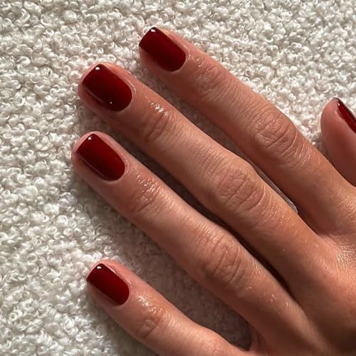 Burgundy Red Press on Nails Short Square Nails Set, glossy square burgundy
