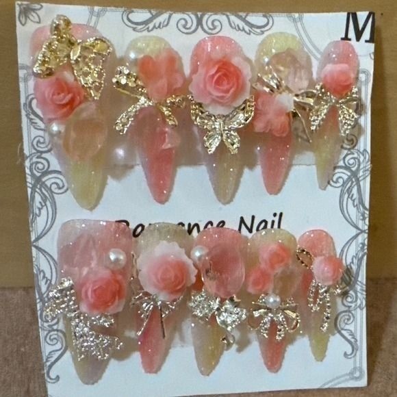 3D Press On Nails Pink Rose Butterfly Bow Pearl Stiletto Size M Set