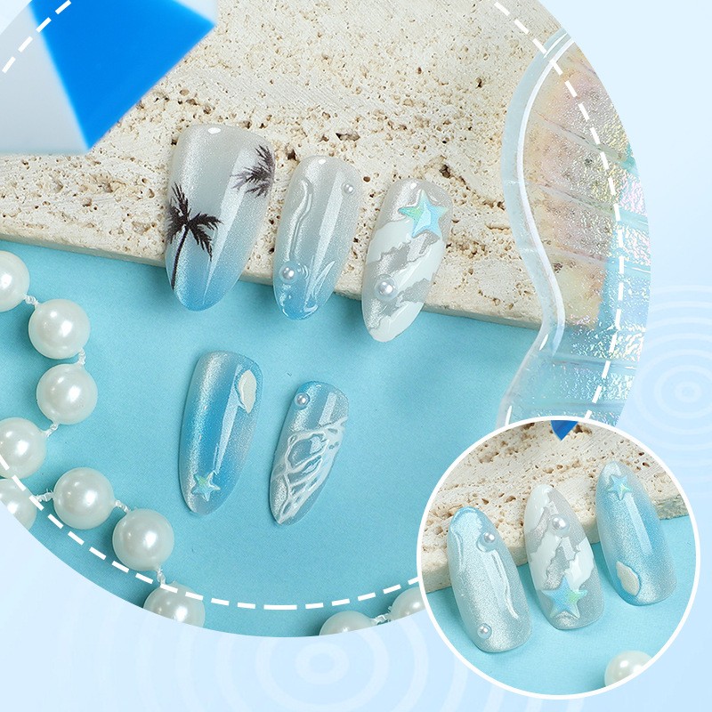 60Pcs-Blue Ocean 3D Starfish Shell Short Square Press on Nails Palm Tree Tips
