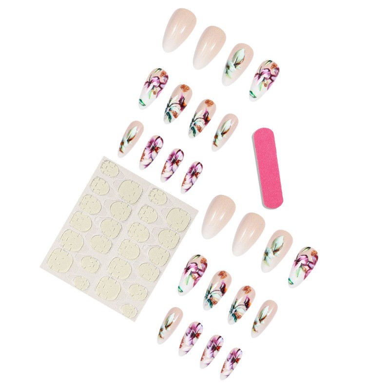 48PCS Oval Nude Transparent Purple Orchid Gold Reusable Fake Nail Art
