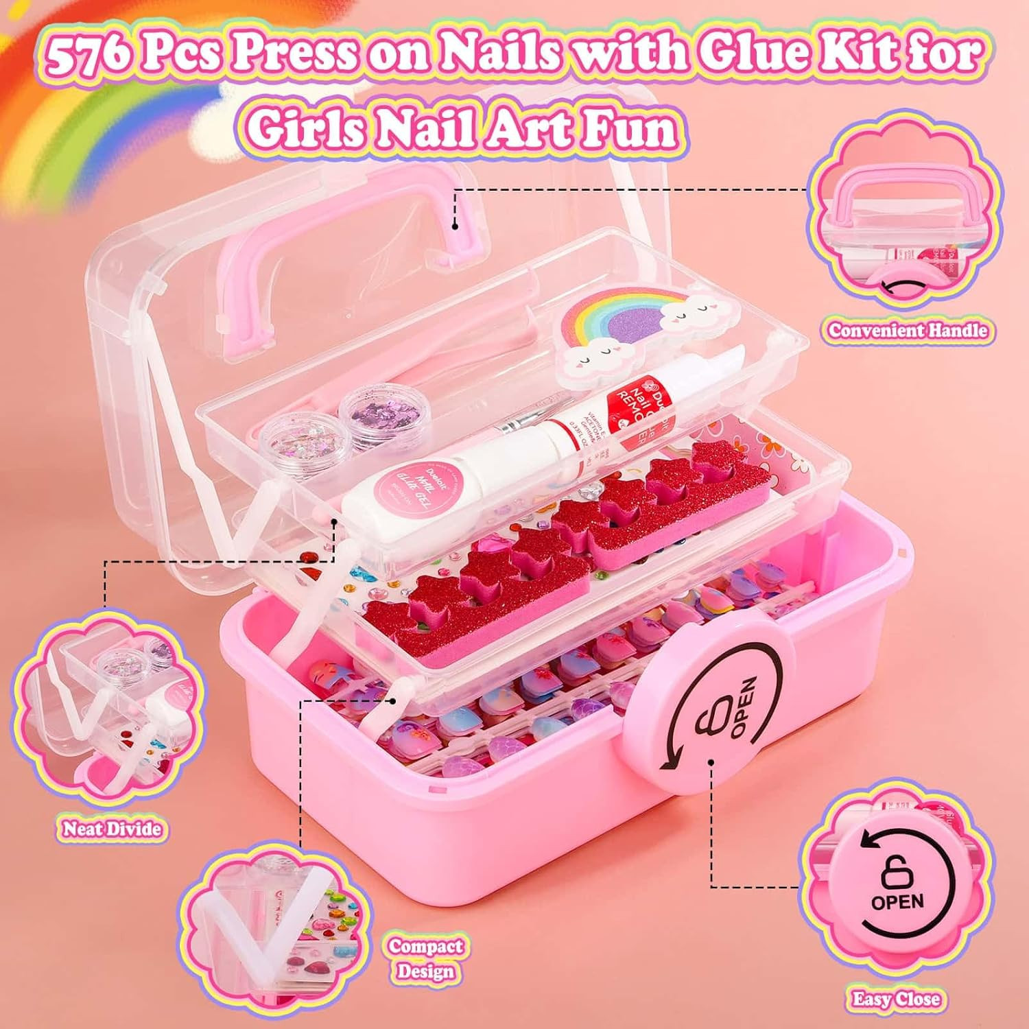576 Pcs Kids Nails and Glue, Girls Press Ons Nail Art Kit with Storage Case, Fak