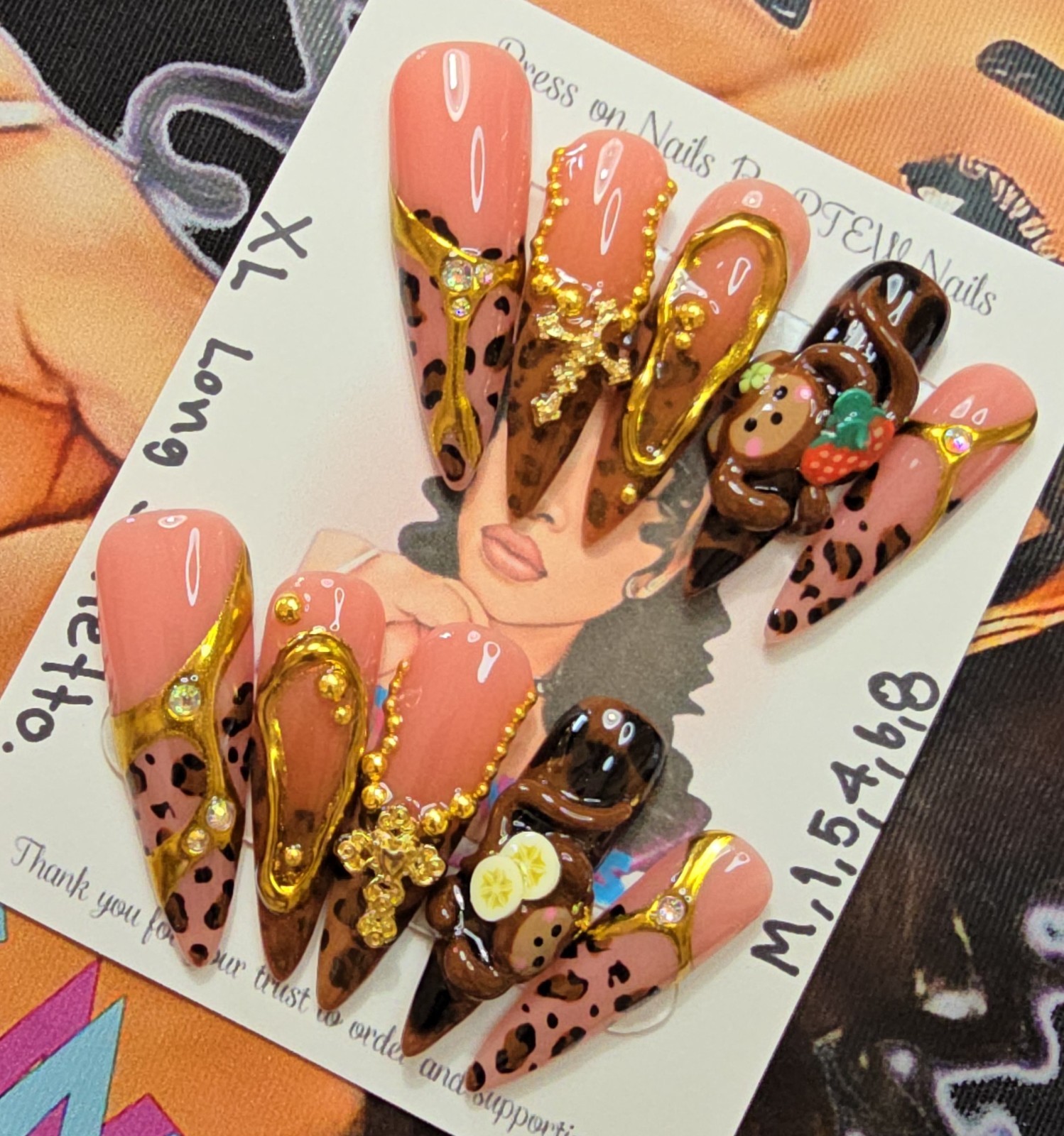 Handmade Gel Press On Nails,Naughty Monkey, Medium Size 1,5,4,6,8 XL Long Stilet