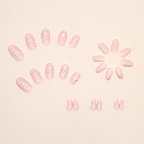 Short Round Press on Nails Oval Fake Nails Glossy Glue on Nails Pink O02Pink