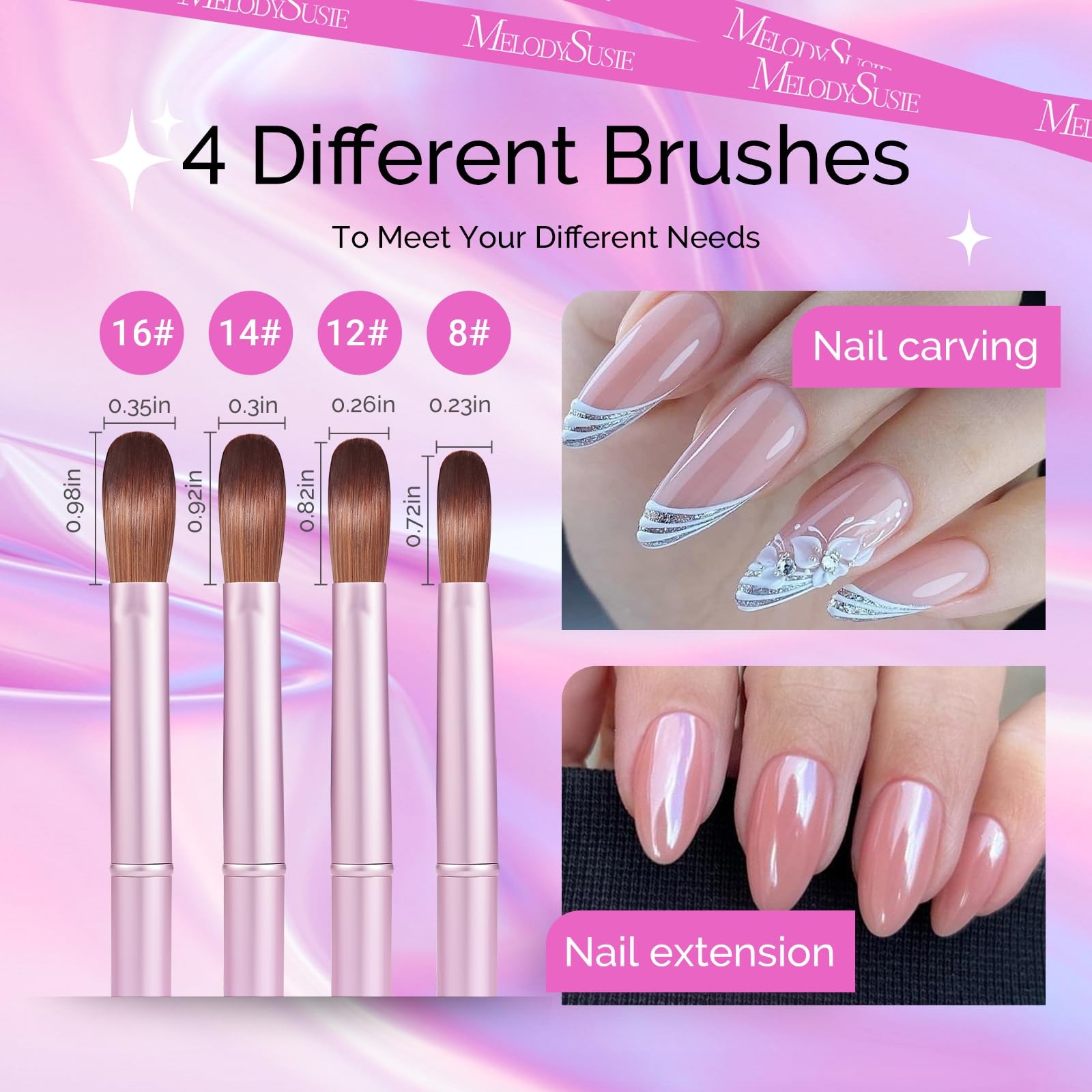 MelodySusie Acrylic Nail Brush Set 8 12 14 16 Rose Gold Pink