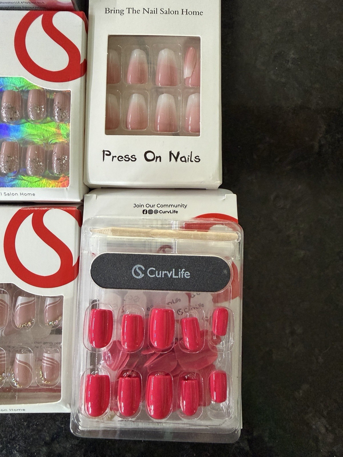 CurvLife Gel Press-On Nails 32pc Medium Square French Glitter Multicolor