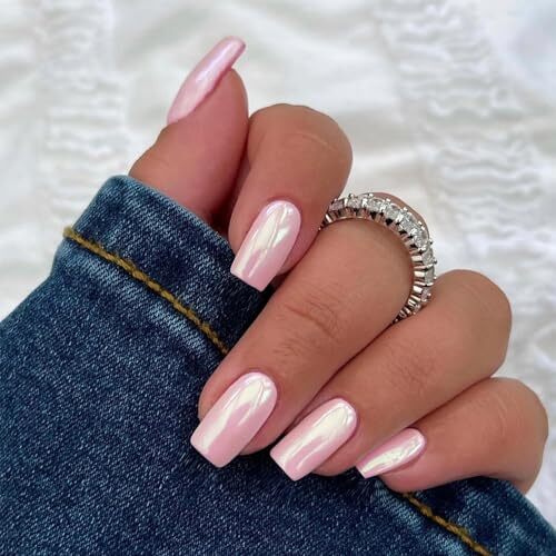 Chrome Square Press on Nails Short Medium, Metallic Fake Nails Coconut Pink
