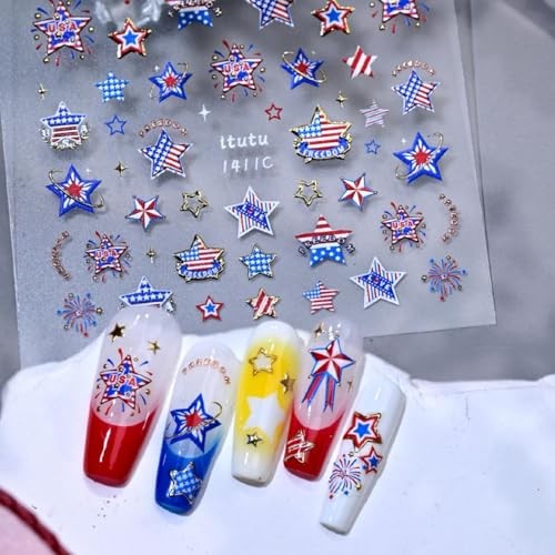 4th of July Nail Stickers Metallic Gold Star Decals – Red White – Color A43