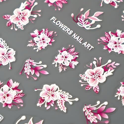 Pink Flowers Nail Art Stickers 5D Embossed Self Adhesive Nail Decals Spring
