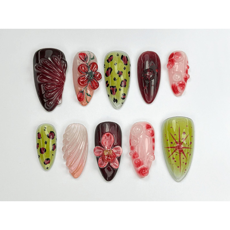 Wine Red Handmade Press on Nails Leopard Print 3D Rose Shell Vintage Fake Nails