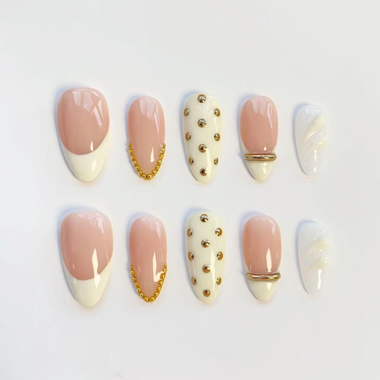 Handmade Nude White French Gold Bead Chain Medium Almond Press on Nails