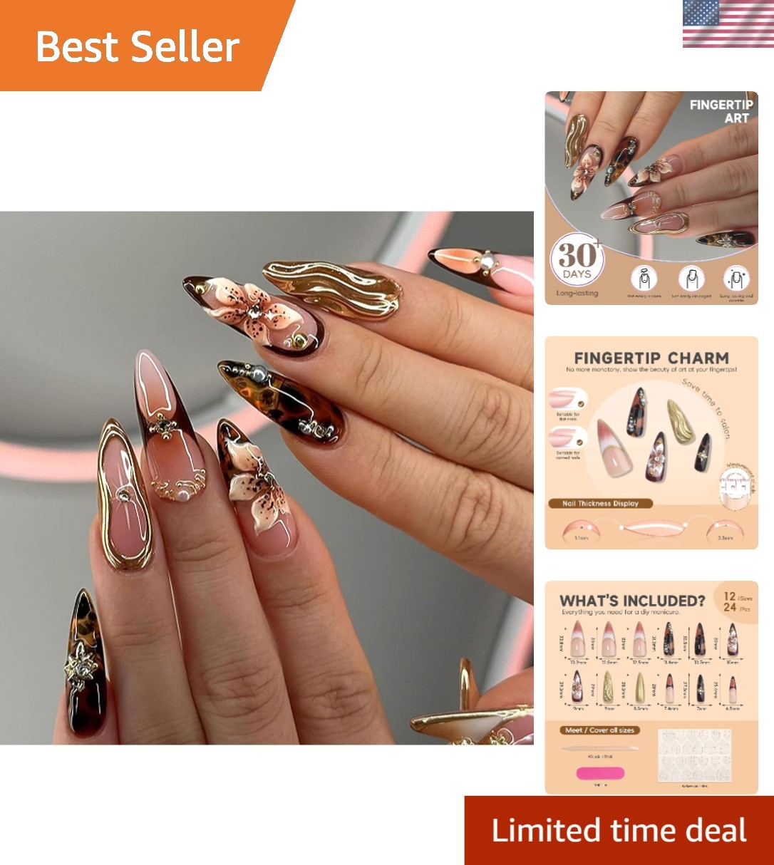 Luxury Long Almond Press-On Nails: 3D Brown Flower & Rhinestone Charm Set