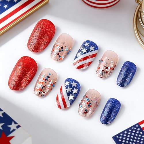 Oval Fake Nails 4th of July – Short Oval Nail – 3 Nails