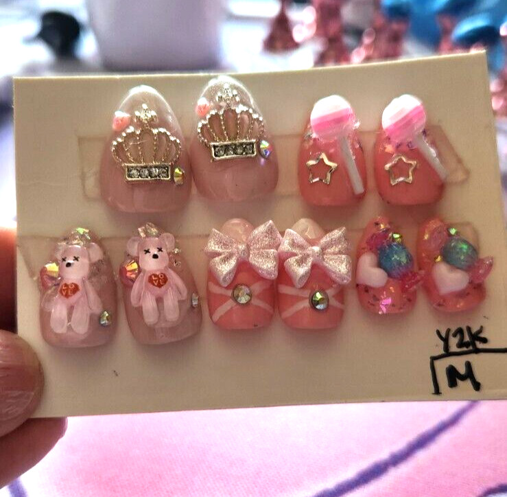Hand Painted Custom “Y2K” Extra Short Almond Length Press On Nails (size M)