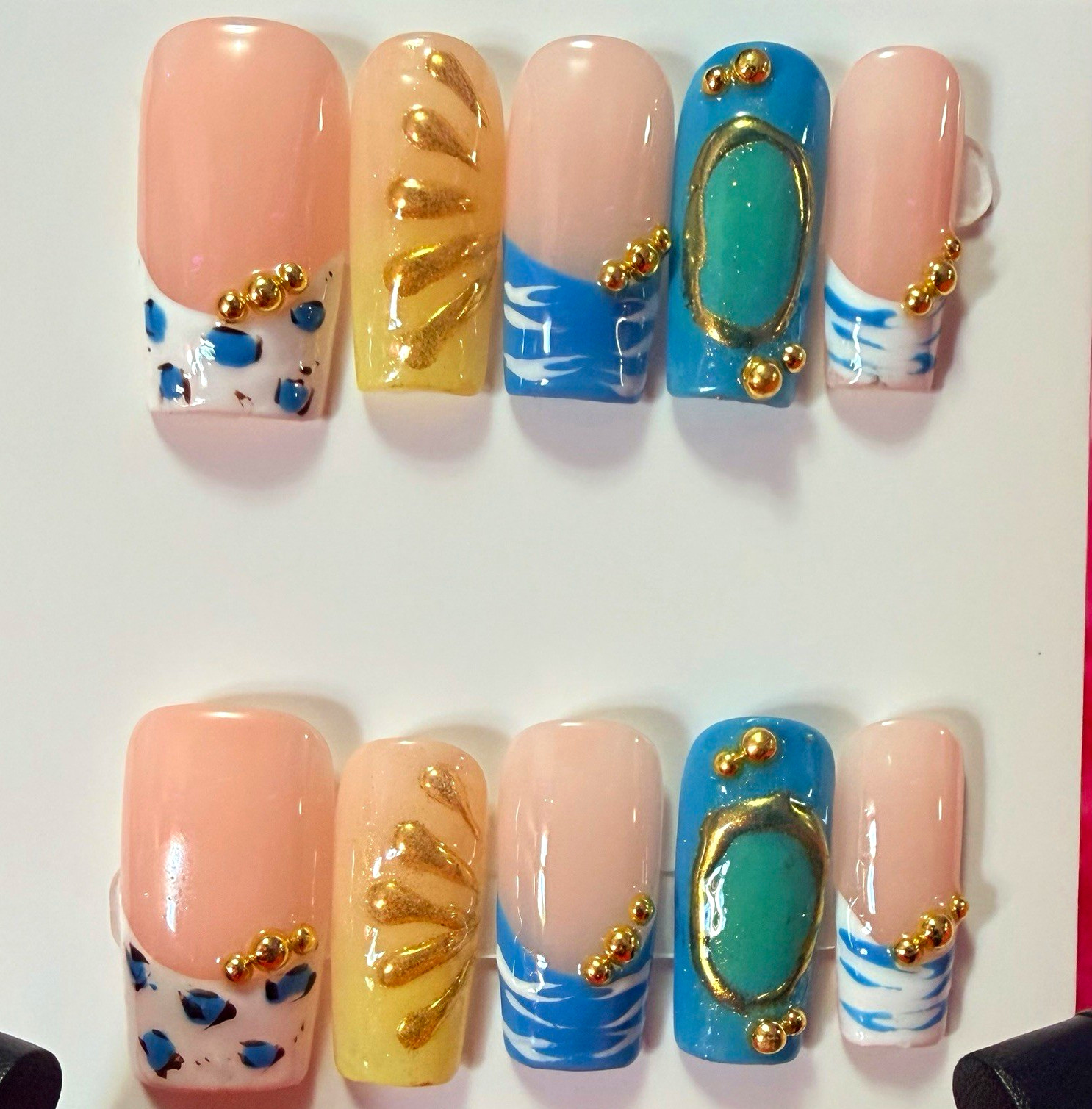 Pink/Blue/Gold Ocean Square Press-On Nails, Medium Shiny 3D Full Cover