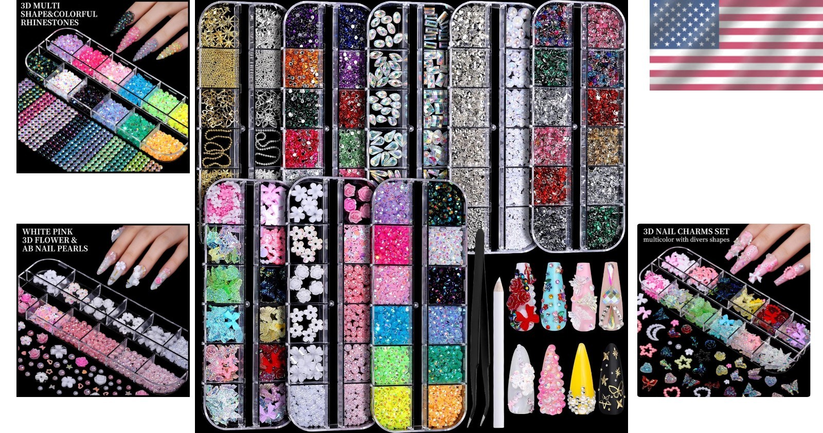 8-Box Nail Gem Kit with 3D Charms & Tools – Transform Your Nail Art Experience